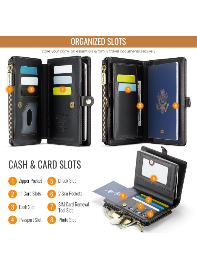 حقيبة محفظة لحامل جواز السفر مع 11 فتحة للبطاقات وفتحة لجواز السفر وفتحة للنقد وفتحة للصور وجيب بسحاب، مع حزام معصم مضاد للـ RFID للسفر - Image 2